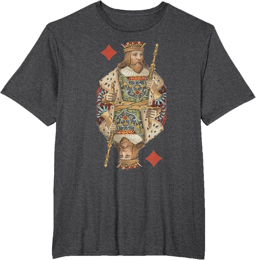 King of Diamonds Antique Art Nouveau Playing Card Art T-Shirt, Men's Big and Tall, Dark Heather Grey, 3X Tall - As Pictured