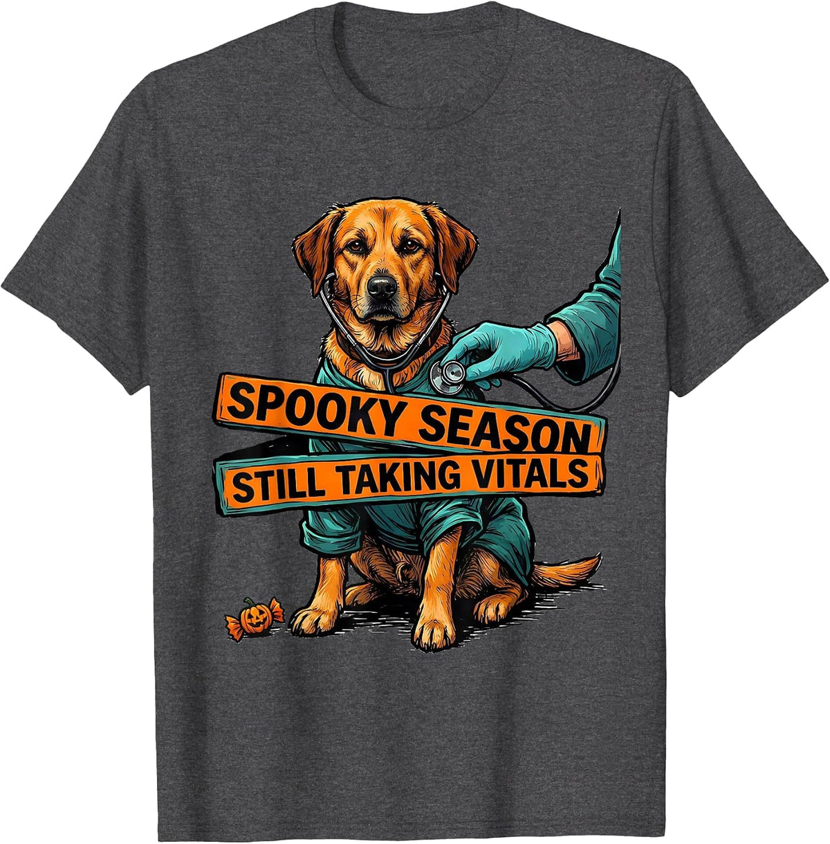 Spooky Season, Still Taking Vitals Funny Vet Tech Veterinary T-Shirt - Dark Heather Grey