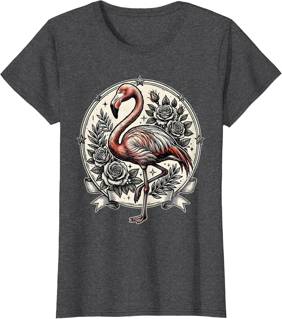 Women's Vintage Tattoo Flamingo with Roses Graphic T-Shirt - Dark Heather Grey