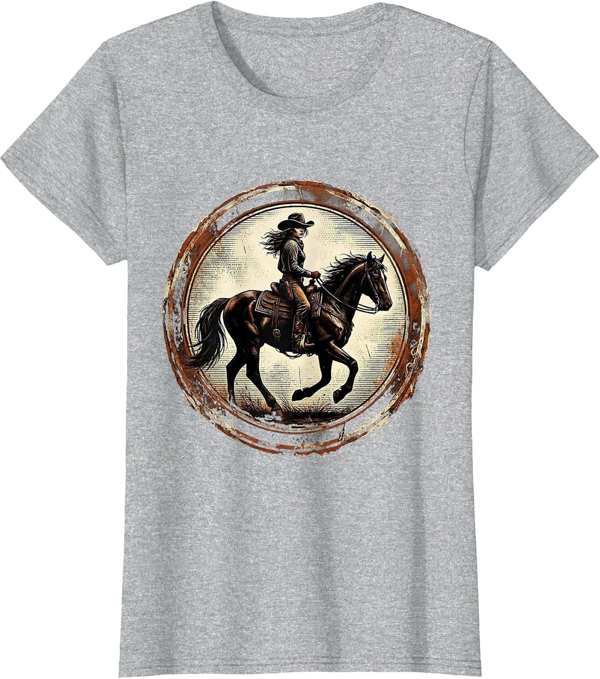 Cowgirl Glance Back Horseback Riding Graphic T-Shirt - Heather Grey