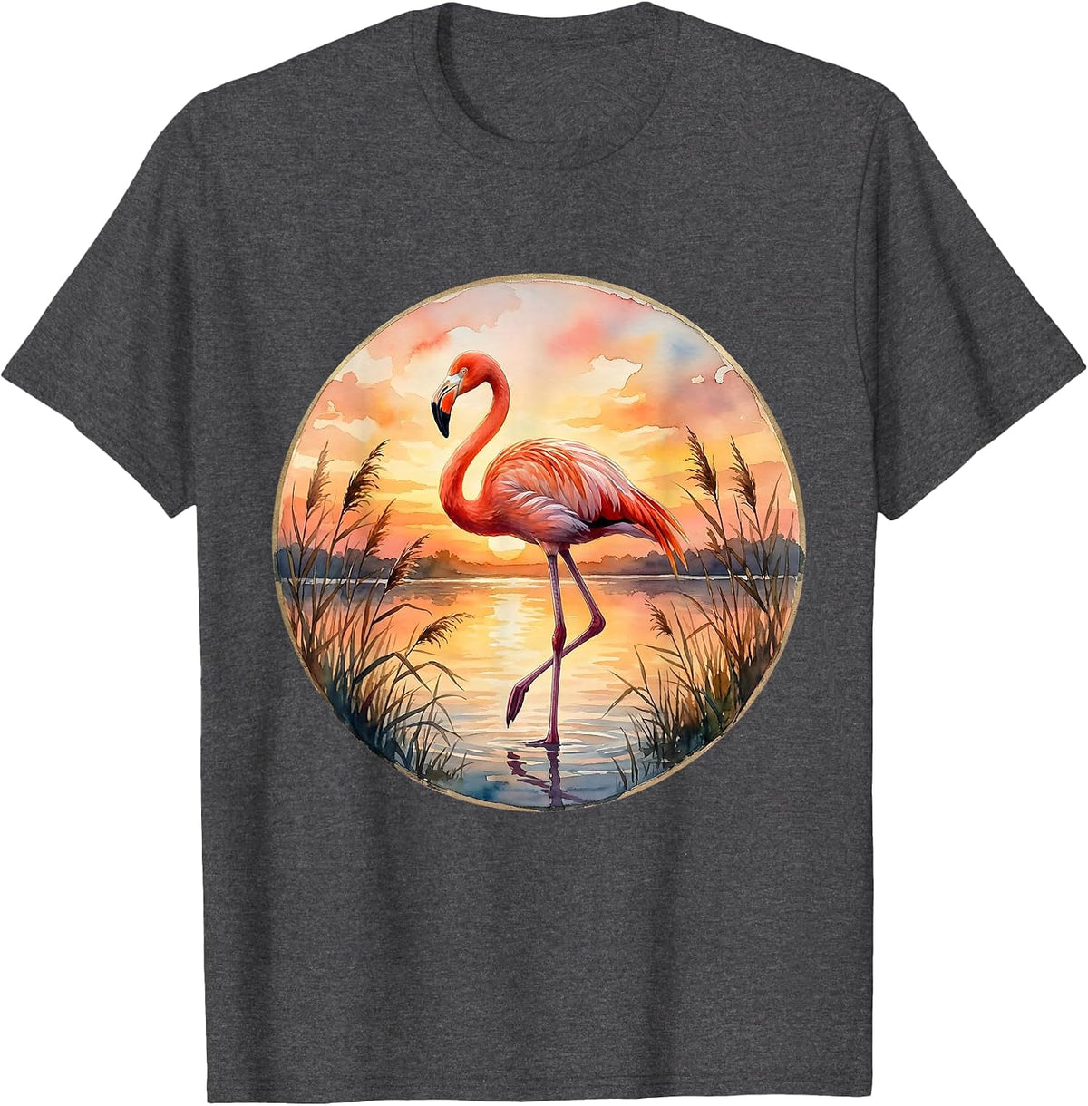 Flamingo Balancing on One Leg at Sunset T-Shirt - Dark Heather Grey