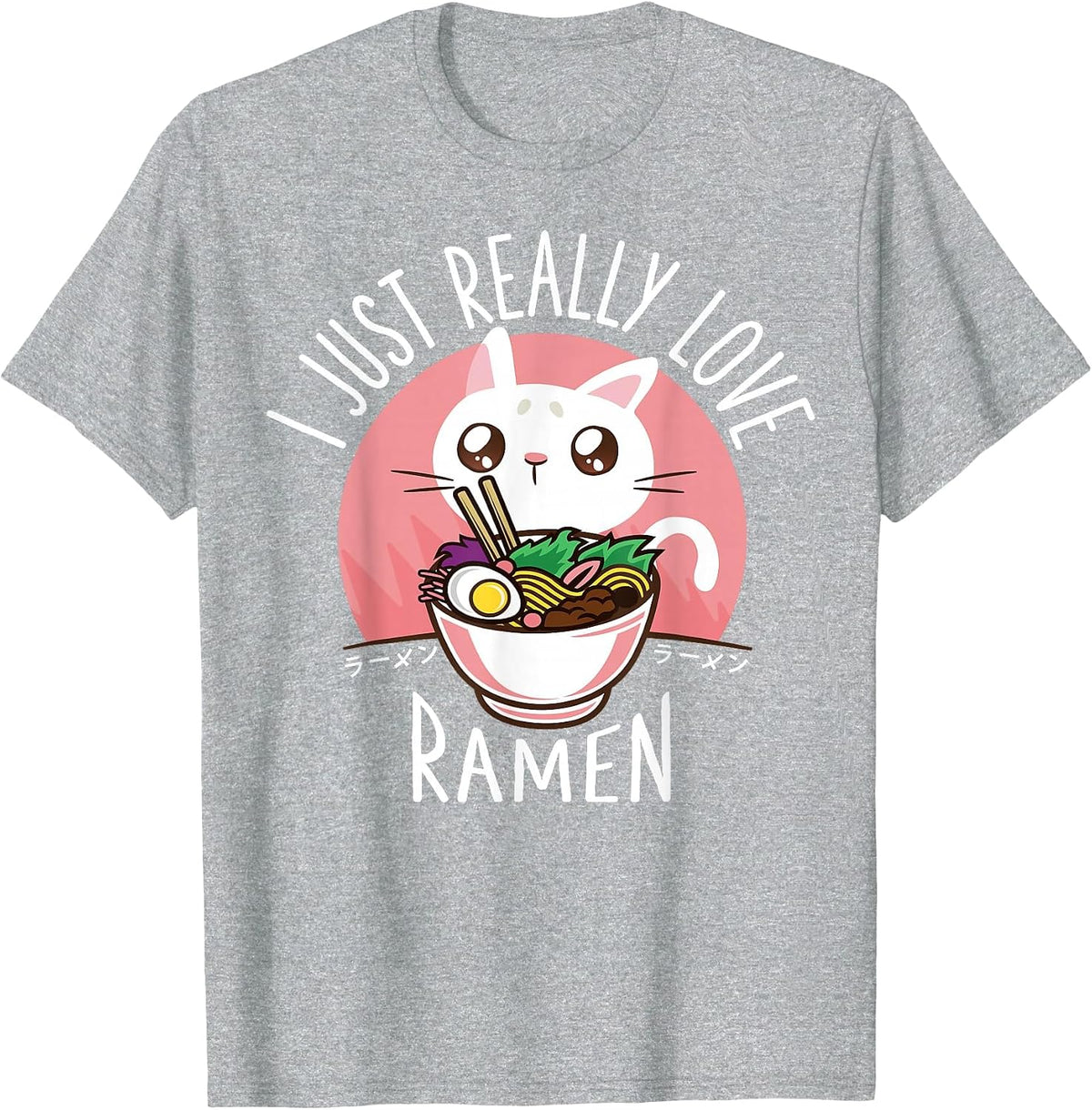 Funny Cat Ramen Anime Merch Kawaii Clothes Graphic Tees Men T-Shirt - Heather Grey