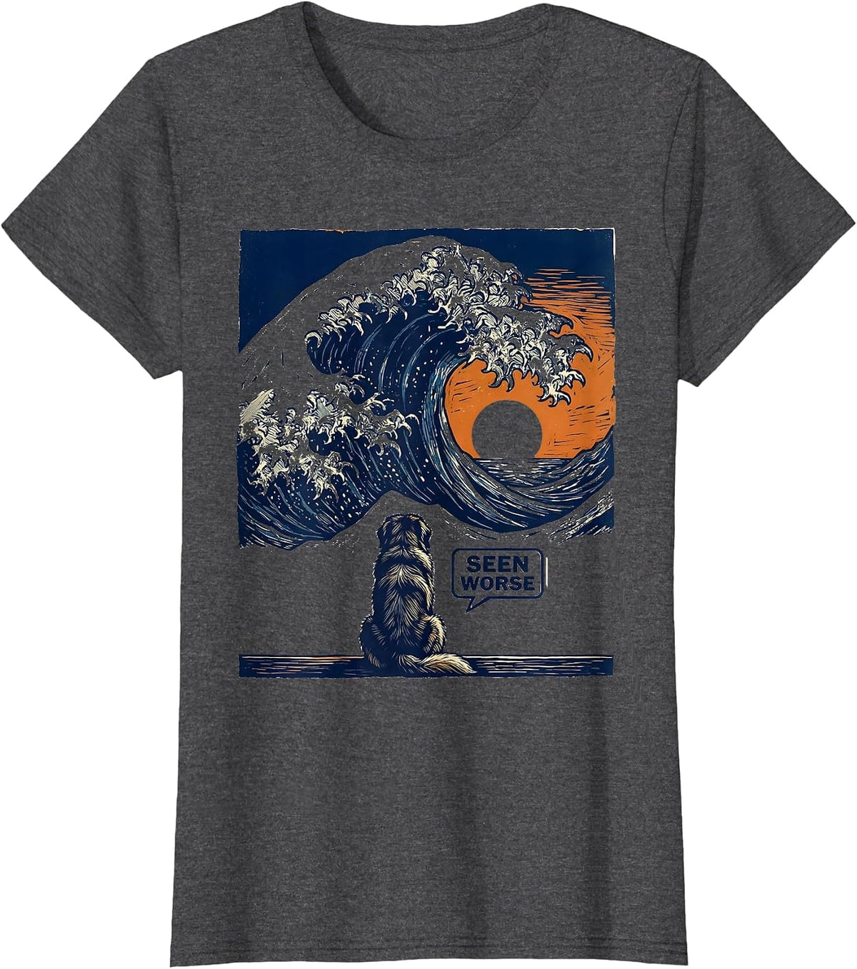 Women's Seen Worse Linocut Great Wave Dog Breed Humor T-Shirt - Dark Heather Grey