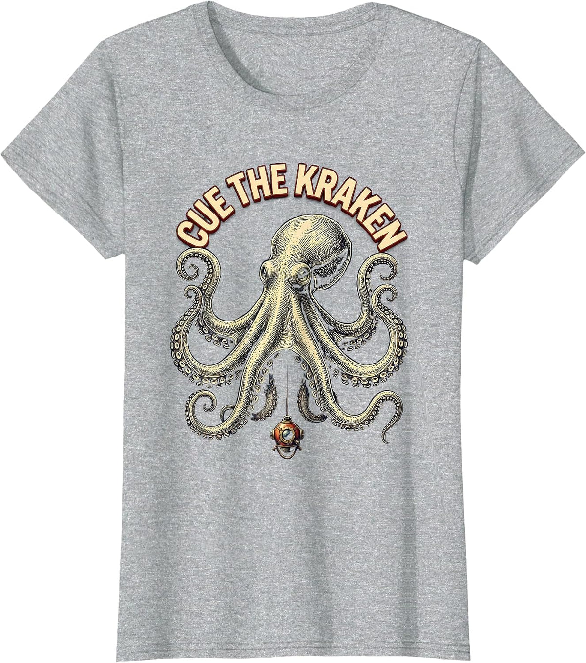 Women's Cue The Kraken Playful Octopus Sea Monster Ocean Lover Humor T-Shirt - Heather Grey