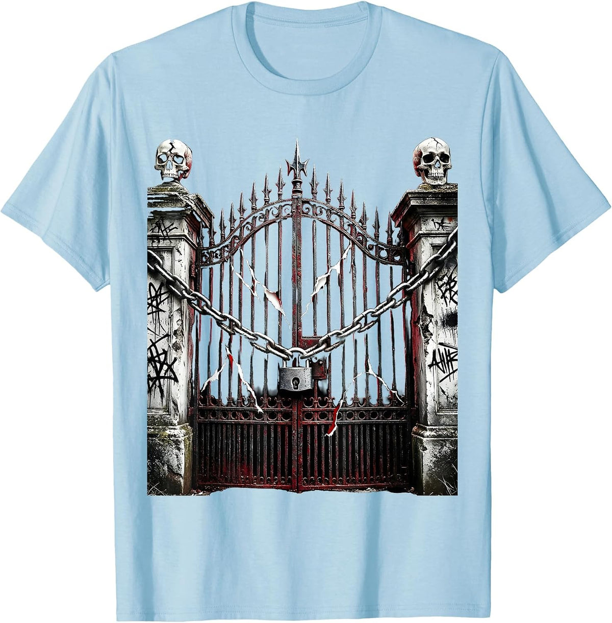 Men's Emo Cemetery Gate Wrapped in Chains Graphic T-Shirt - Baby Blue