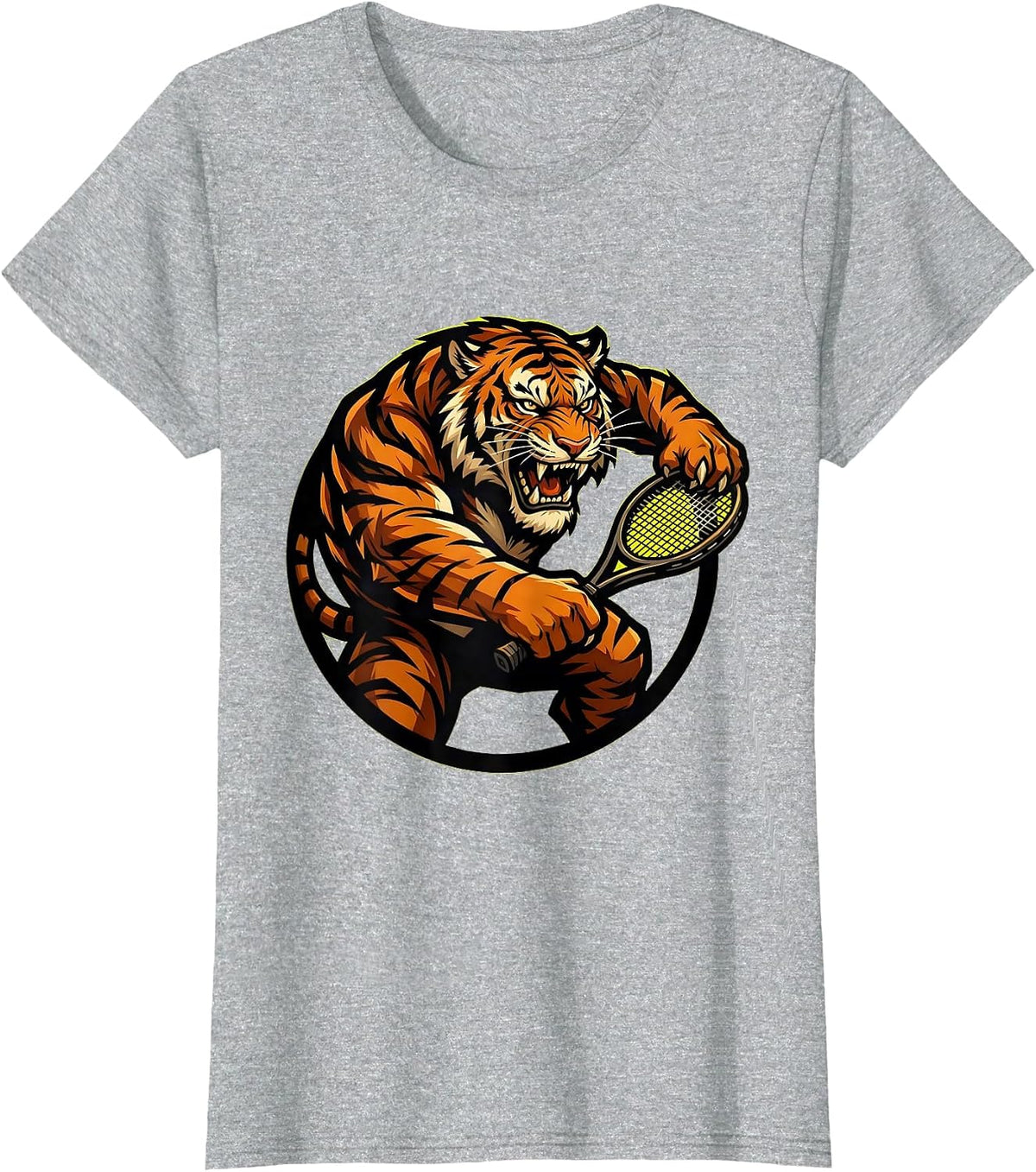 Tiger Tennis Player Fierce Lunging Racket Graphic T-Shirt - Heather Grey