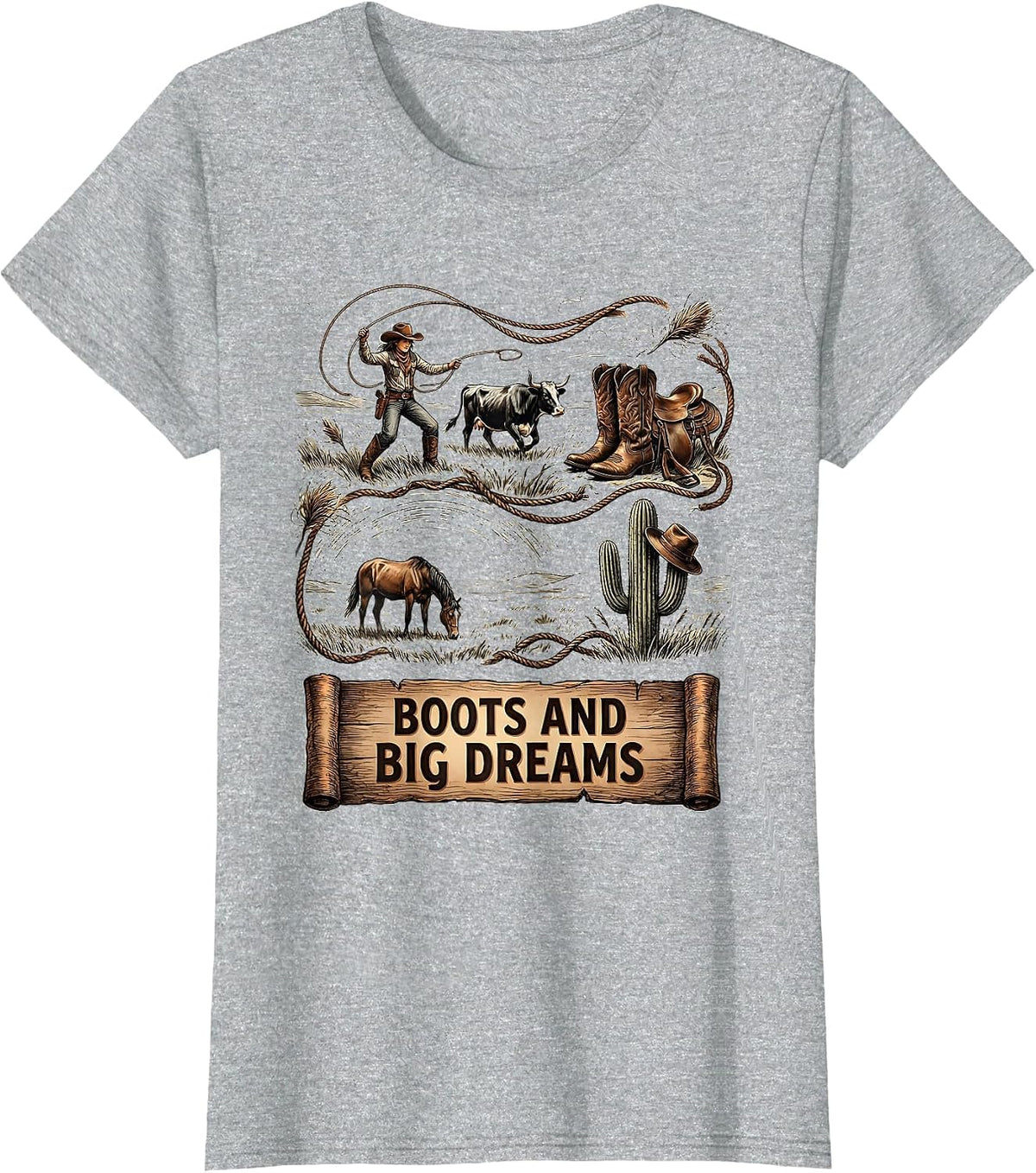 Women's Boots and Big Dreams Cowgirl Graphic Design T-Shirt - Heather Grey