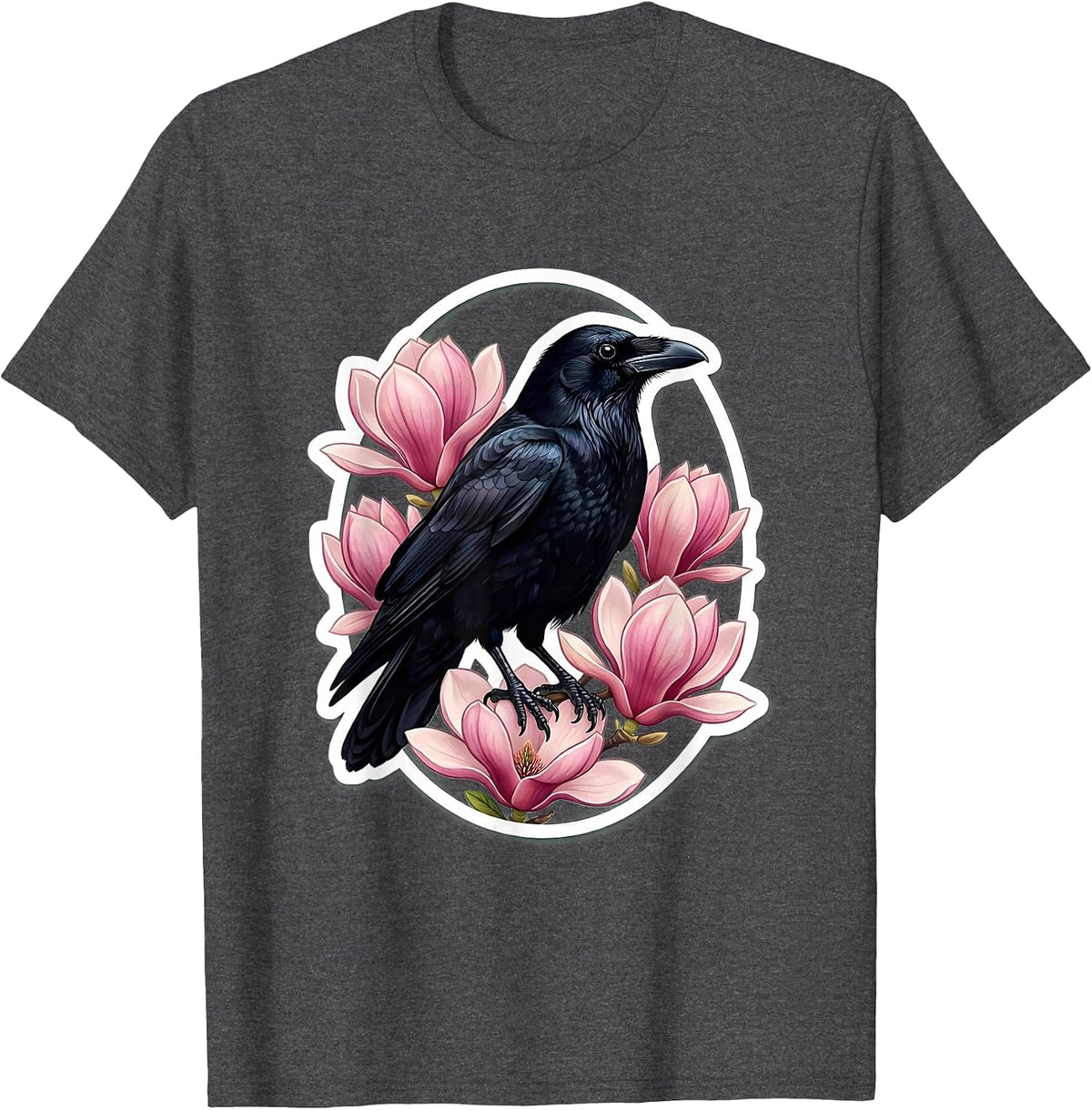 Crow and Magnolia Blossoms Nature Art Design T-Shirt - Dark Heather Grey
