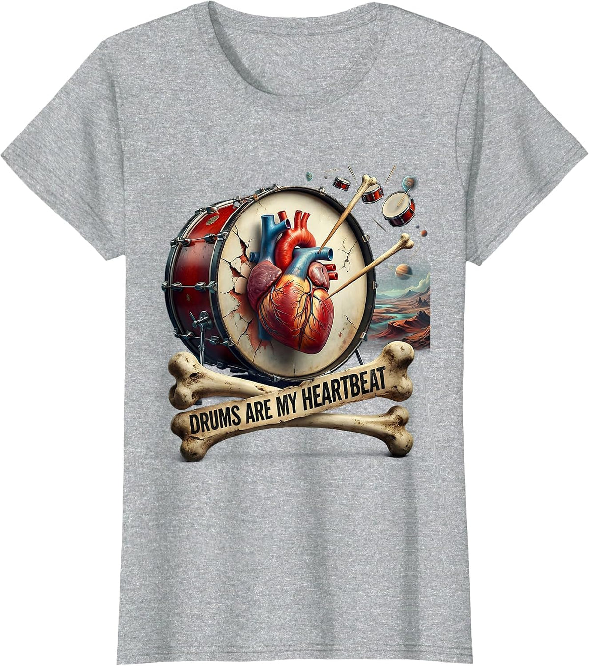 Drums Are My Heartbeat Rock Band Design T-Shirt - Heather Grey