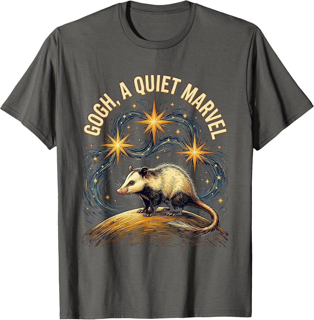 Men's Gogh, A Quiet Marvel Funny Opossum Van Gogh Starry Night Art T-Shirt - Asphalt Grey