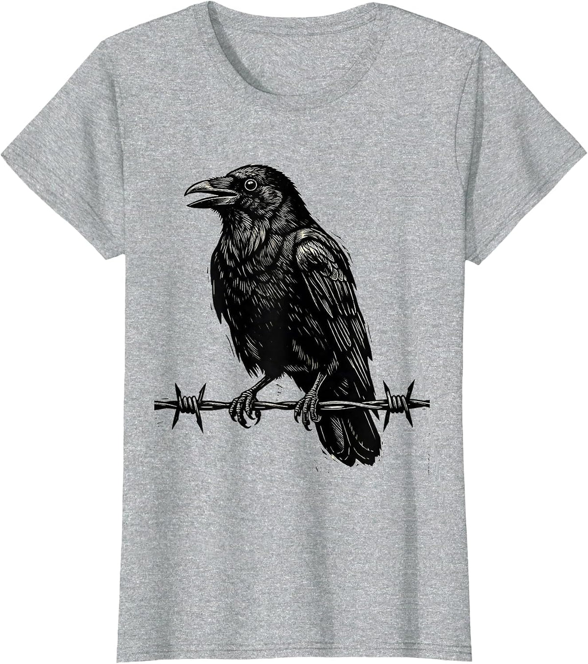 Crow Perched on Barbed Wire Fence Illustration T-Shirt - Heather Grey