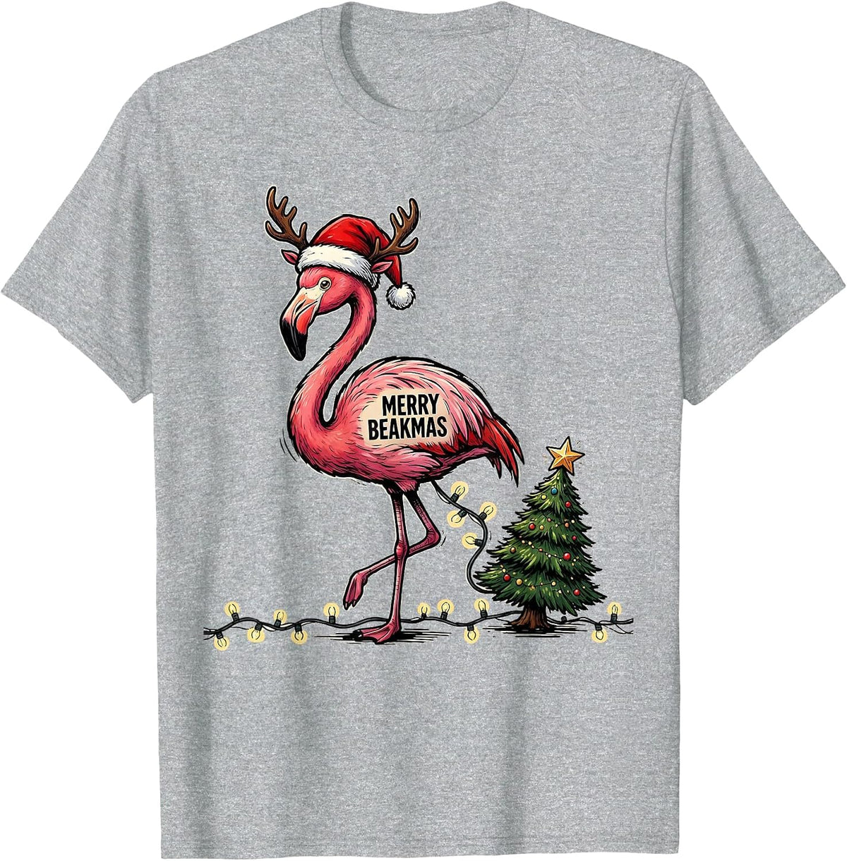 Men's Merry Beakmas Pink Flamingo Funny Christmas in July Novelty T-Shirt - Heather Grey