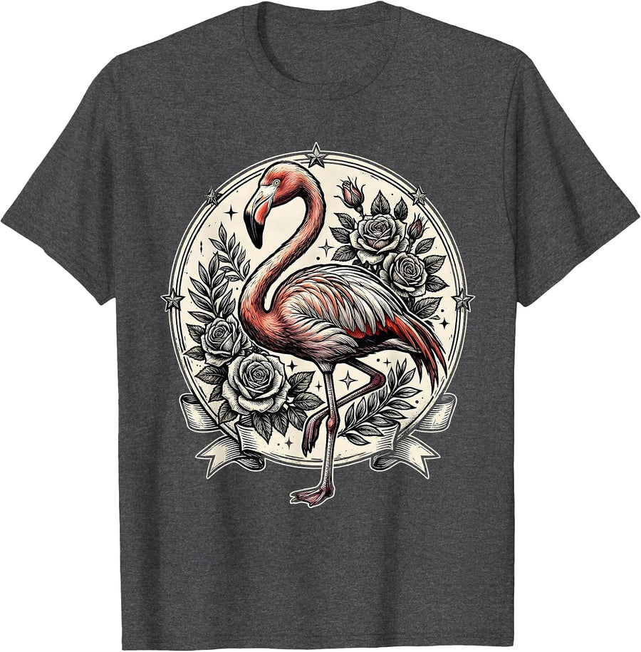 Men's Vintage Tattoo Flamingo with Roses Graphic T-Shirt - Dark Heather Grey