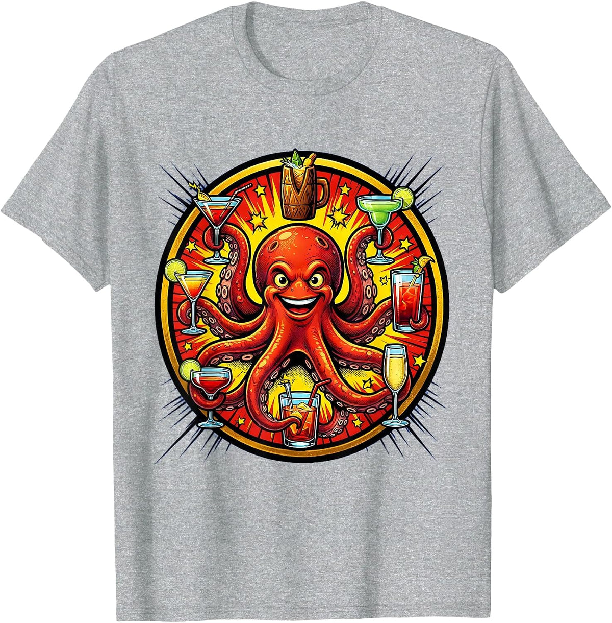Men's Cocktail Octopus Funny Drinking Party Design T-Shirt - Heather Grey
