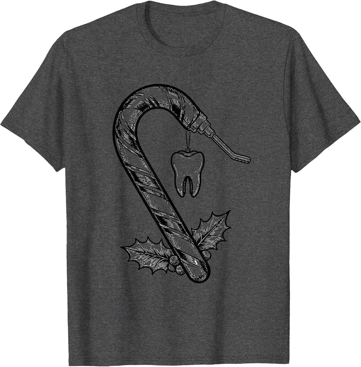 Men's Dental Candy Cane Line Art Dentist Christmas Humor T-Shirt - Dark Heather Grey
