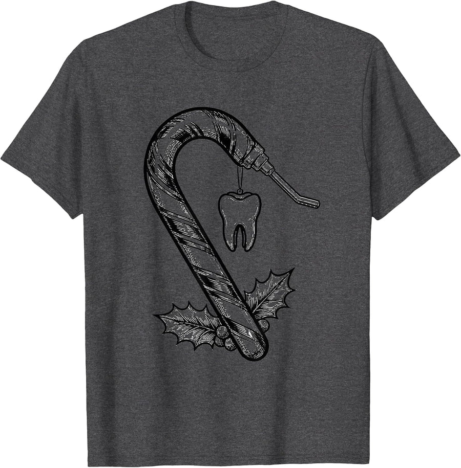 Men's Dental Candy Cane Line Art Dentist Christmas Humor T-Shirt - Dark Heather Grey