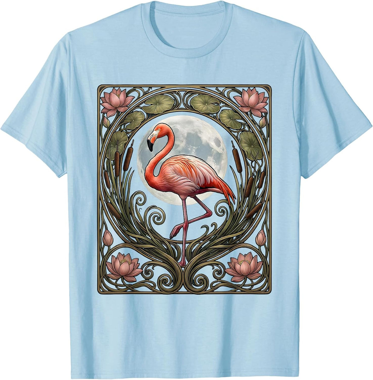 Flamingo Silhouette Full Moon Night Sky Design T-Shirt - Baby Blue