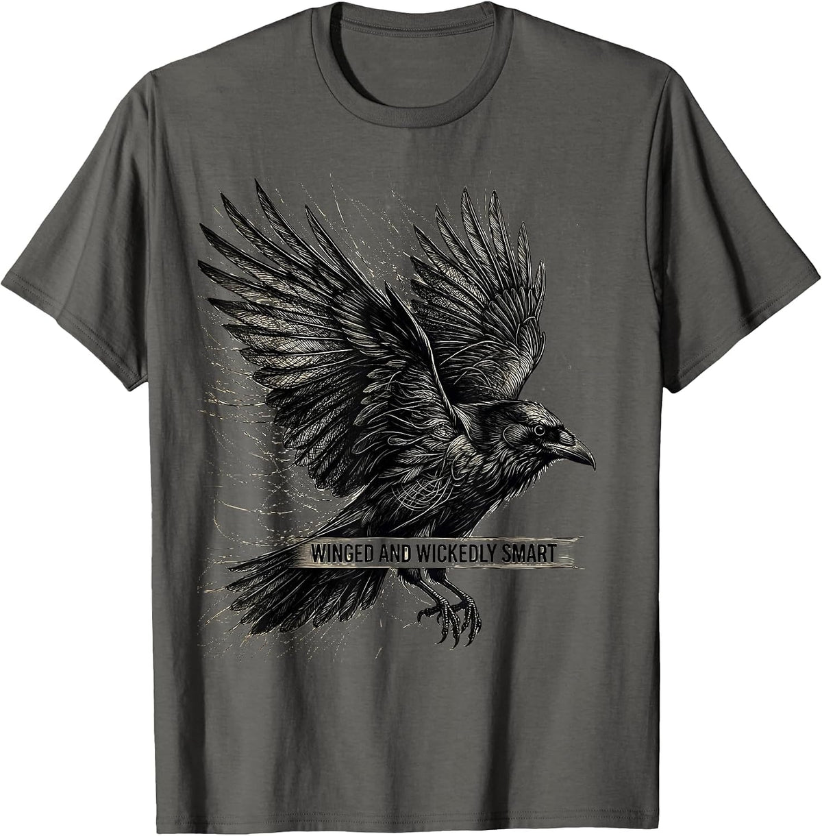 Winged and Wickedly Smart Crow Design T-Shirt - Asphalt Grey