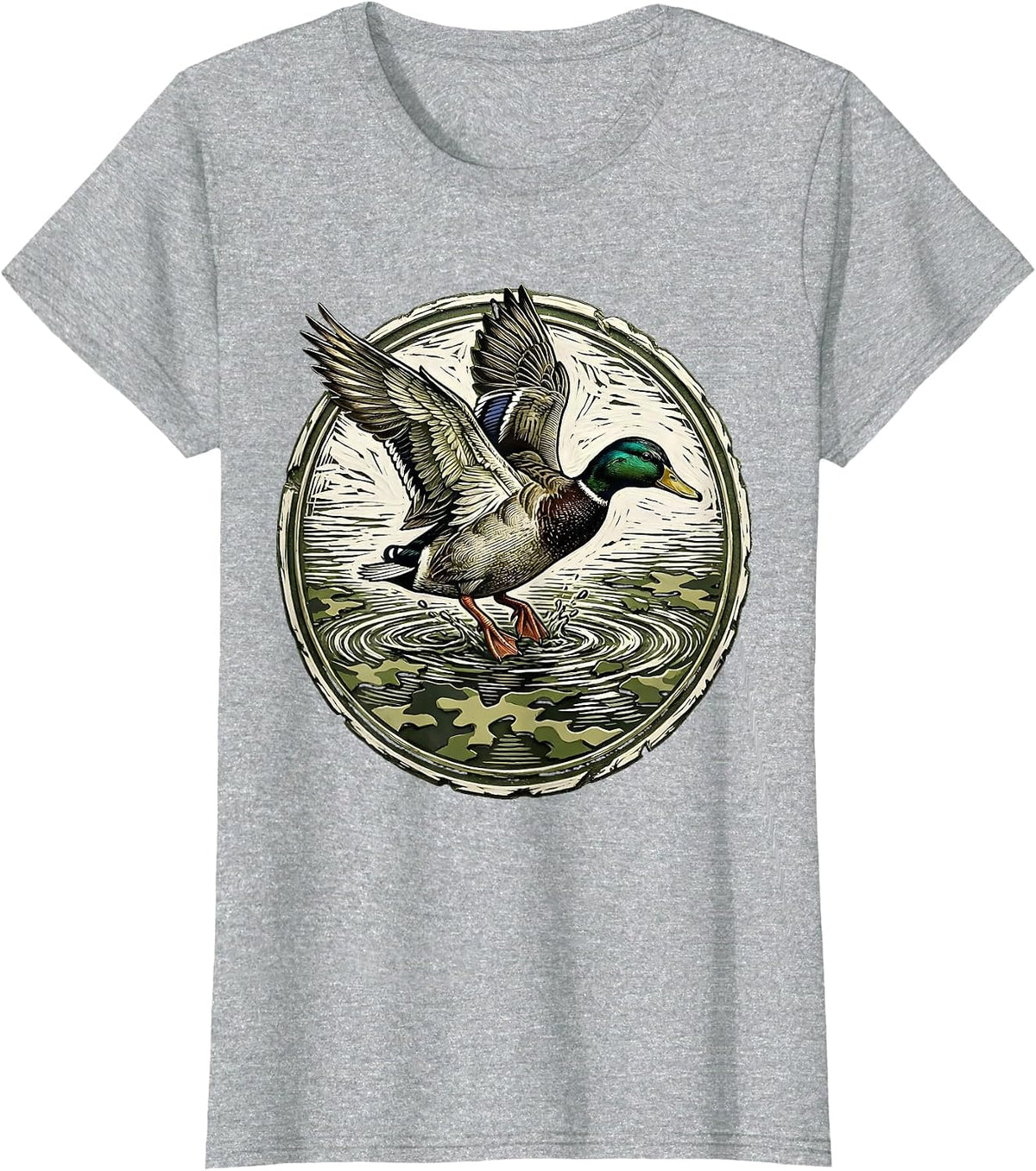 Duck Landing on Camo Marsh Water Illustration T-Shirt - Heather Grey