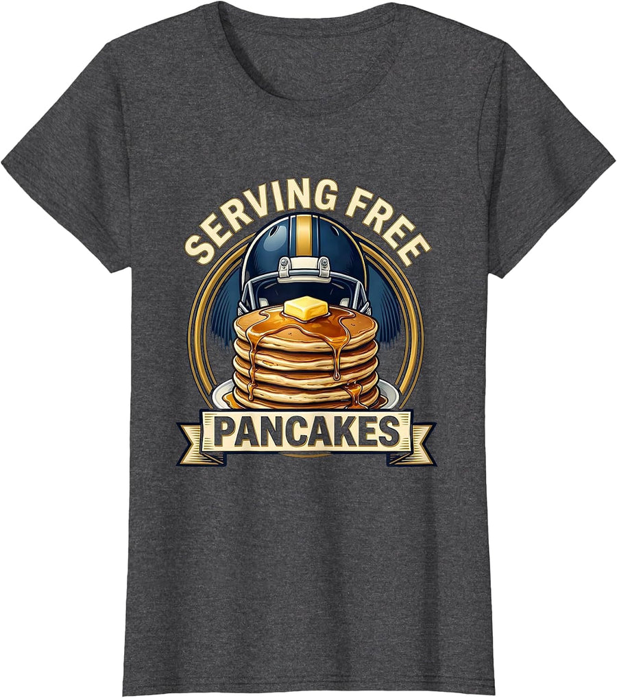 Women's Serving Free Pancakes Funny Offensive Lineman Football Humor T-Shirt - Dark Heather Grey