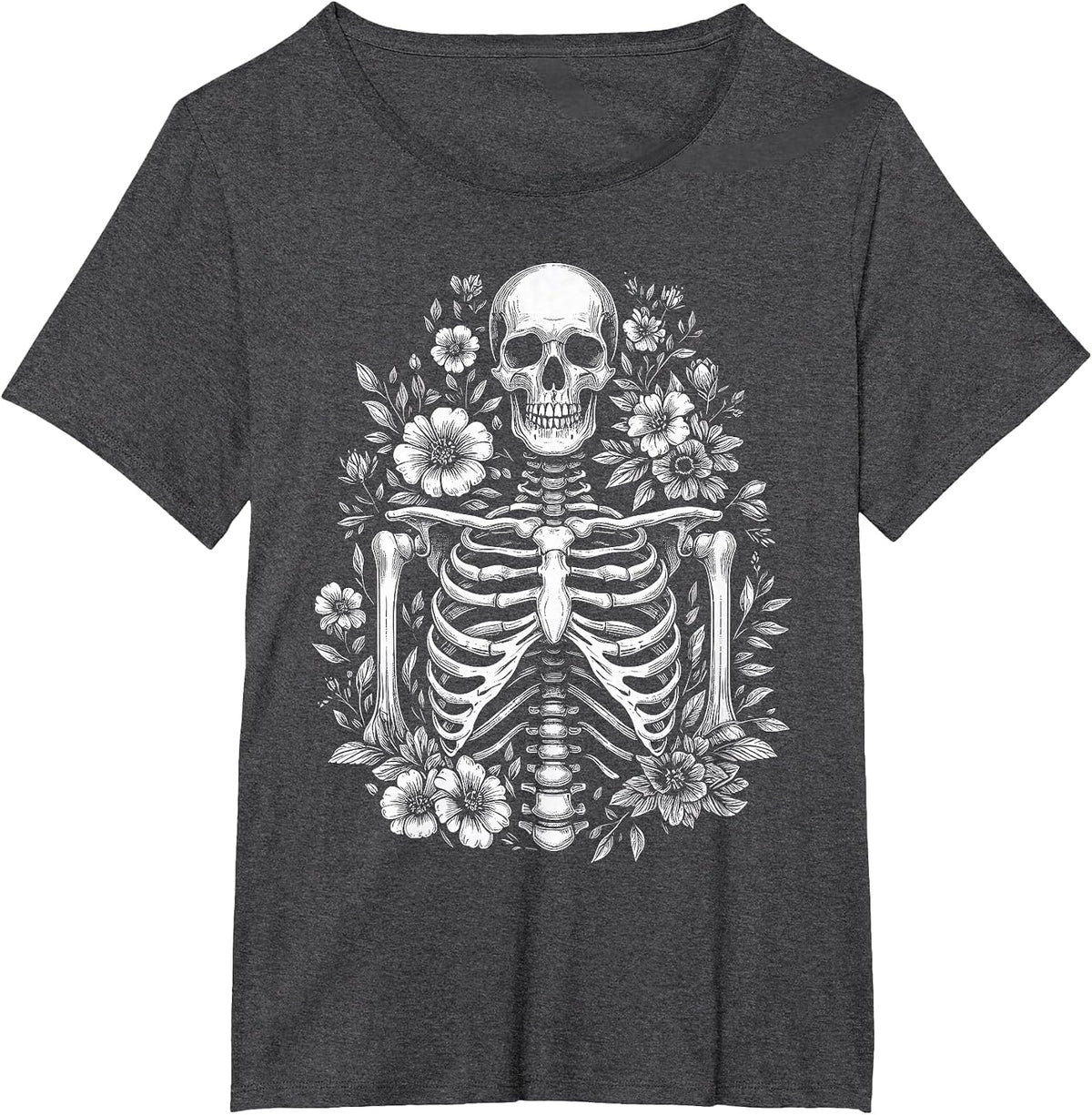 Floral Skeleton Flowers Goth Aesthetic T-Shirt - Dark Heather Grey