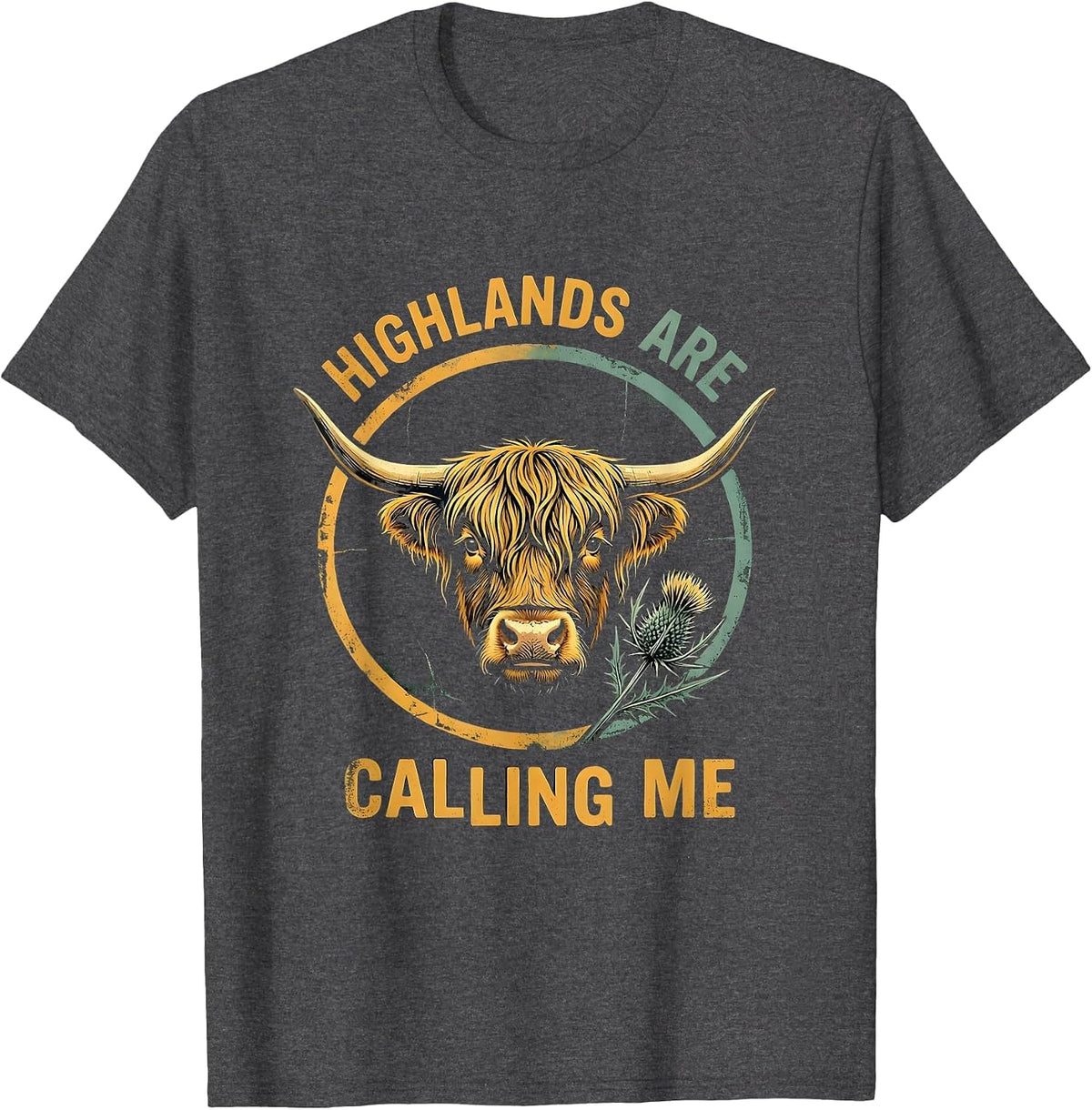Men's Highlands Are Calling Me Highland Cow Design T-Shirt - Dark Heather Grey