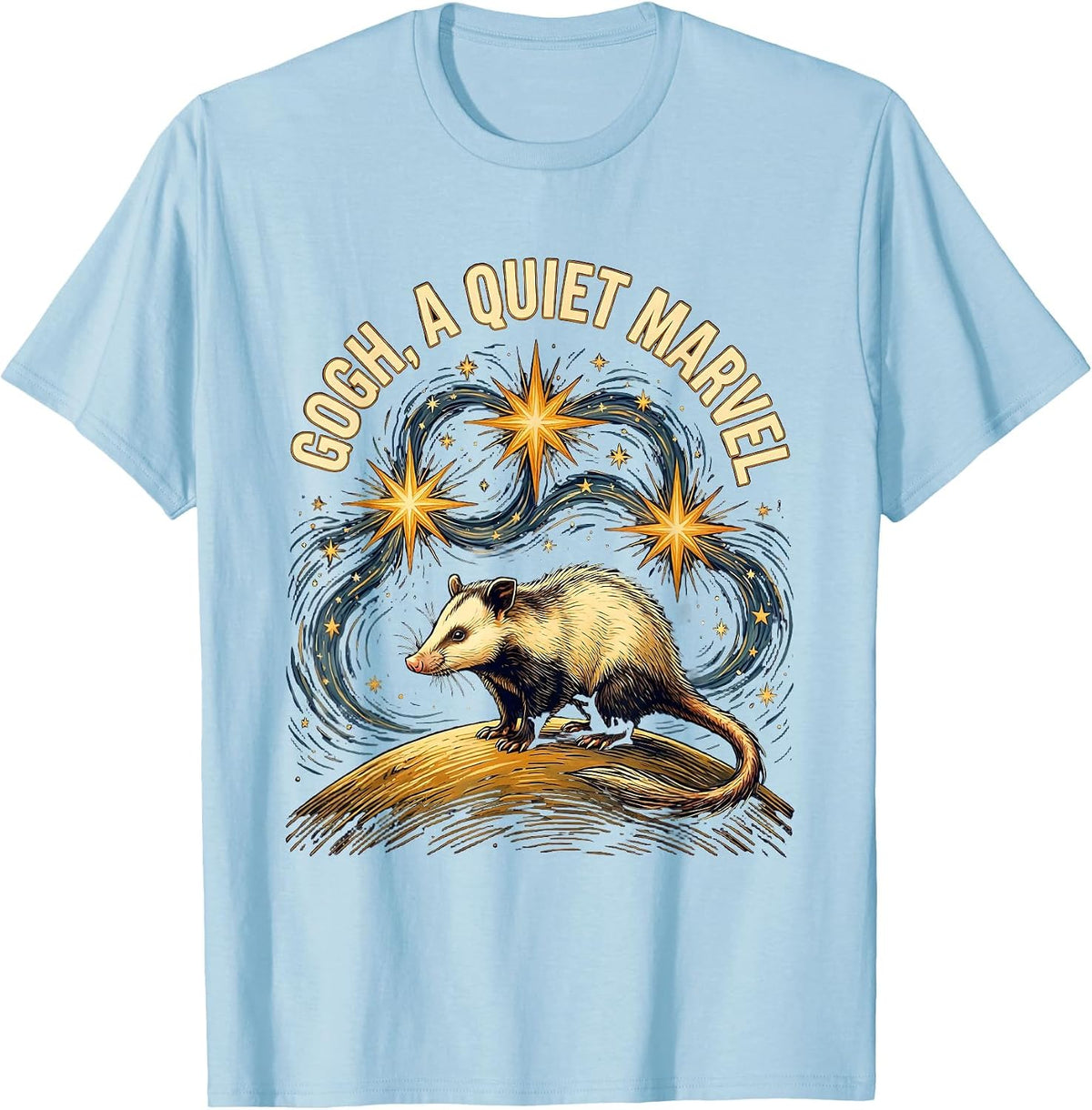 Men's Gogh, A Quiet Marvel Funny Opossum Van Gogh Starry Night Art T-Shirt - Baby Blue