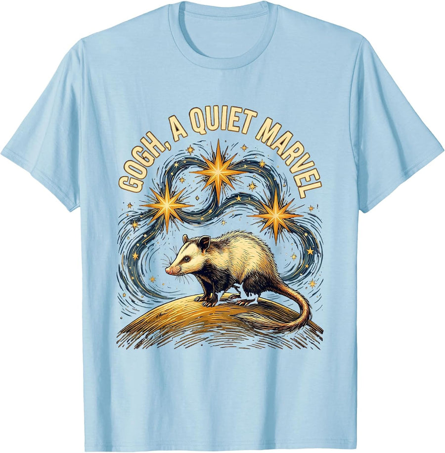 Men's Gogh, A Quiet Marvel Funny Opossum Van Gogh Starry Night Art T-Shirt - Baby Blue