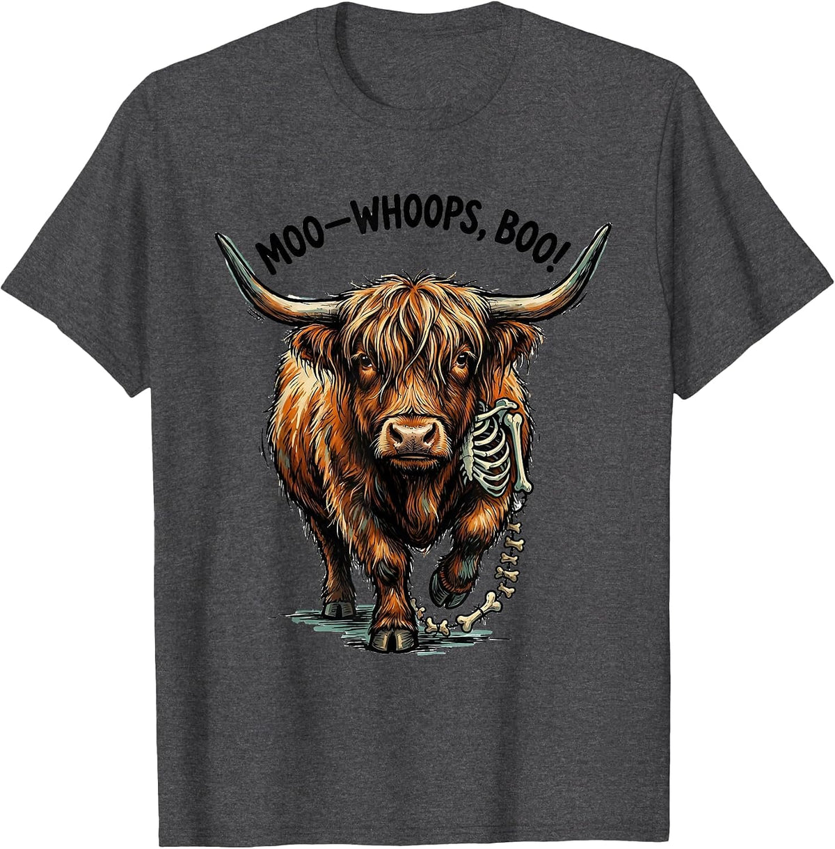 Men's Moo—Whoops, Boo! Whimsical Highland Cow Halloween Humor T-Shirt - Dark Heather Grey