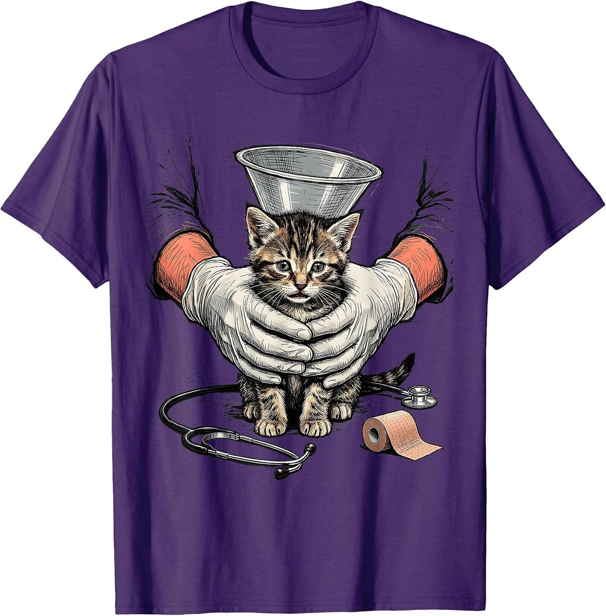 Cat Recovery Cone Veterinary Tech Vet Assistant Animal Care T-Shirt - Purple