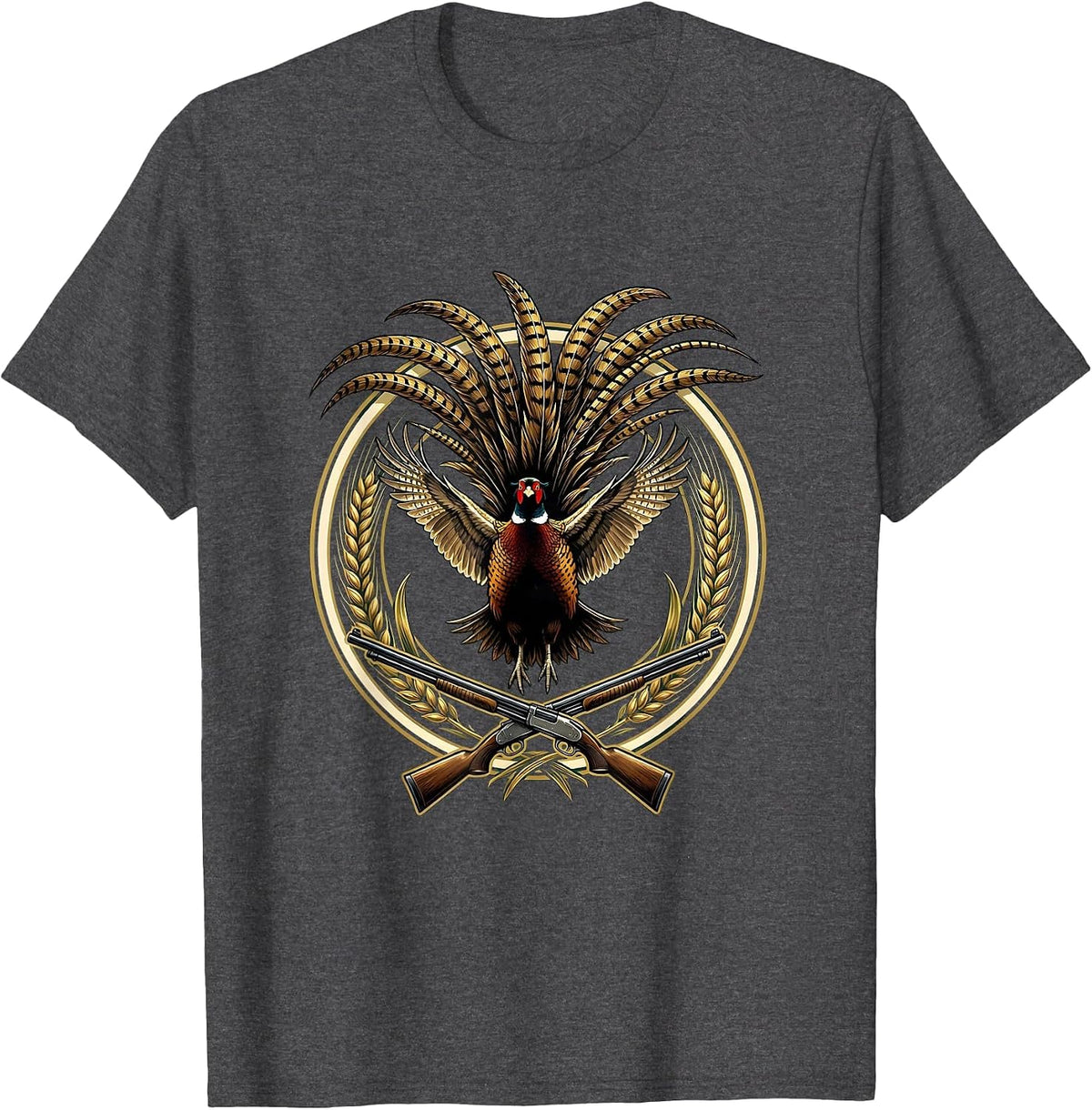 Men's Pheasant Burst Upward Mid-Flight Hunting Illustration T-Shirt - Dark Heather Grey