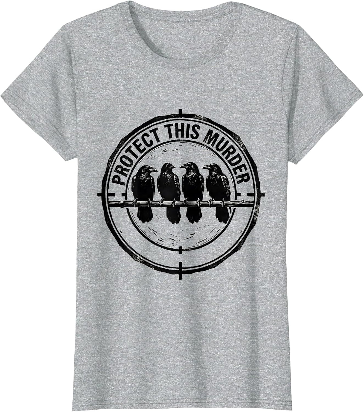 Women's Protect This Murder Linocut Crow Pun Bird Lover Humor T-Shirt - Heather Grey