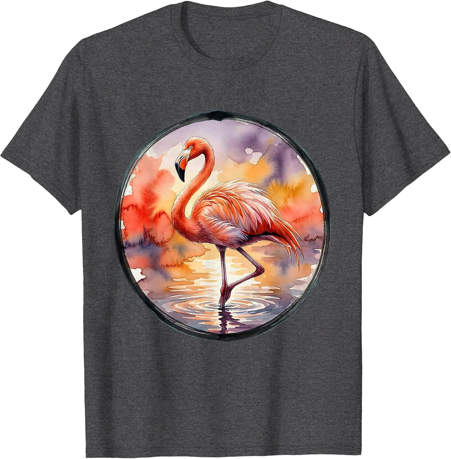 Men's Flamingo Sunset One Leg Balance Graphic Tee T-Shirt - Dark Heather Grey
