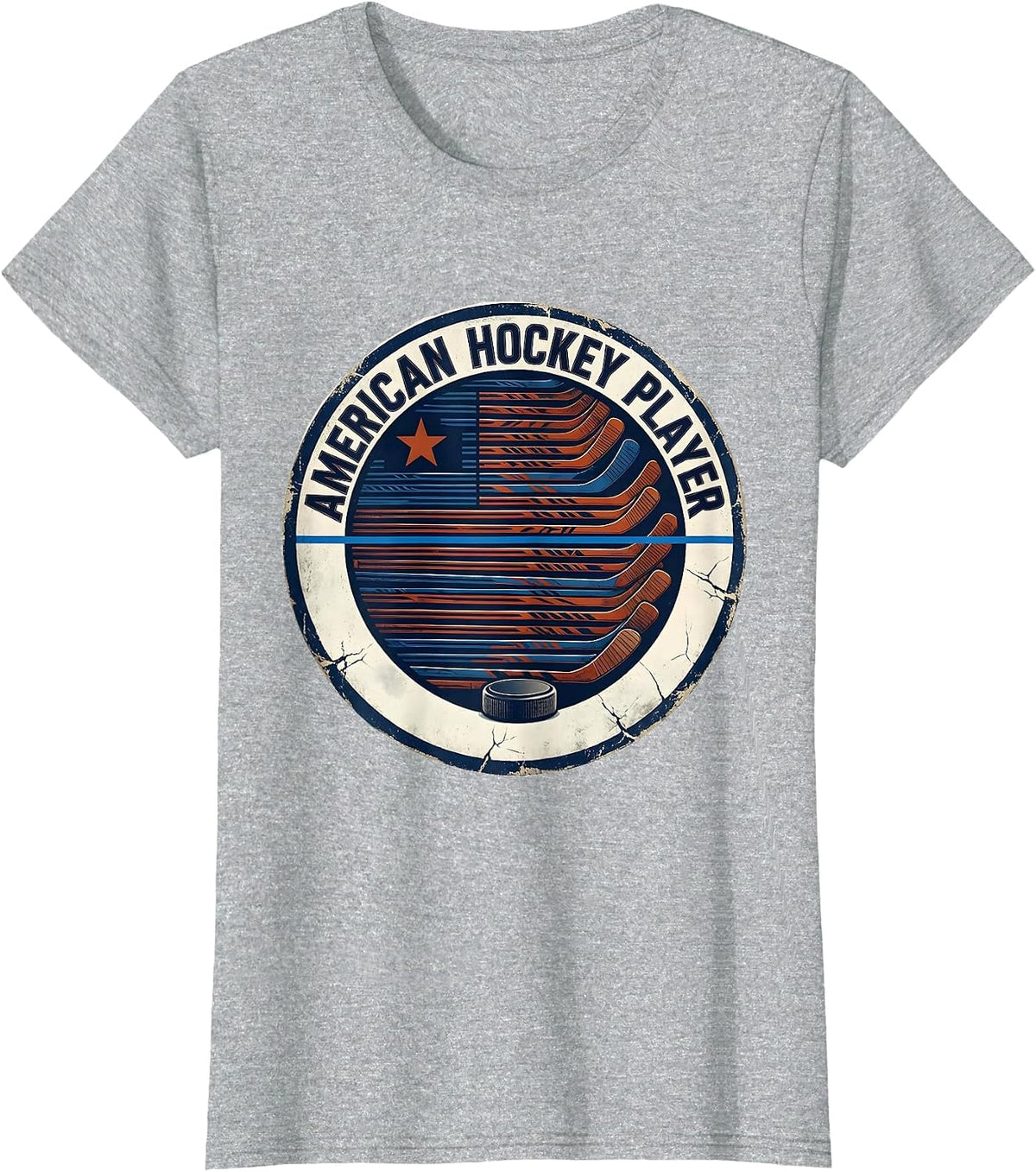 Women's American Hockey Player Distressed Ice Hockey Patriotic Fan T-Shirt - Heather Grey