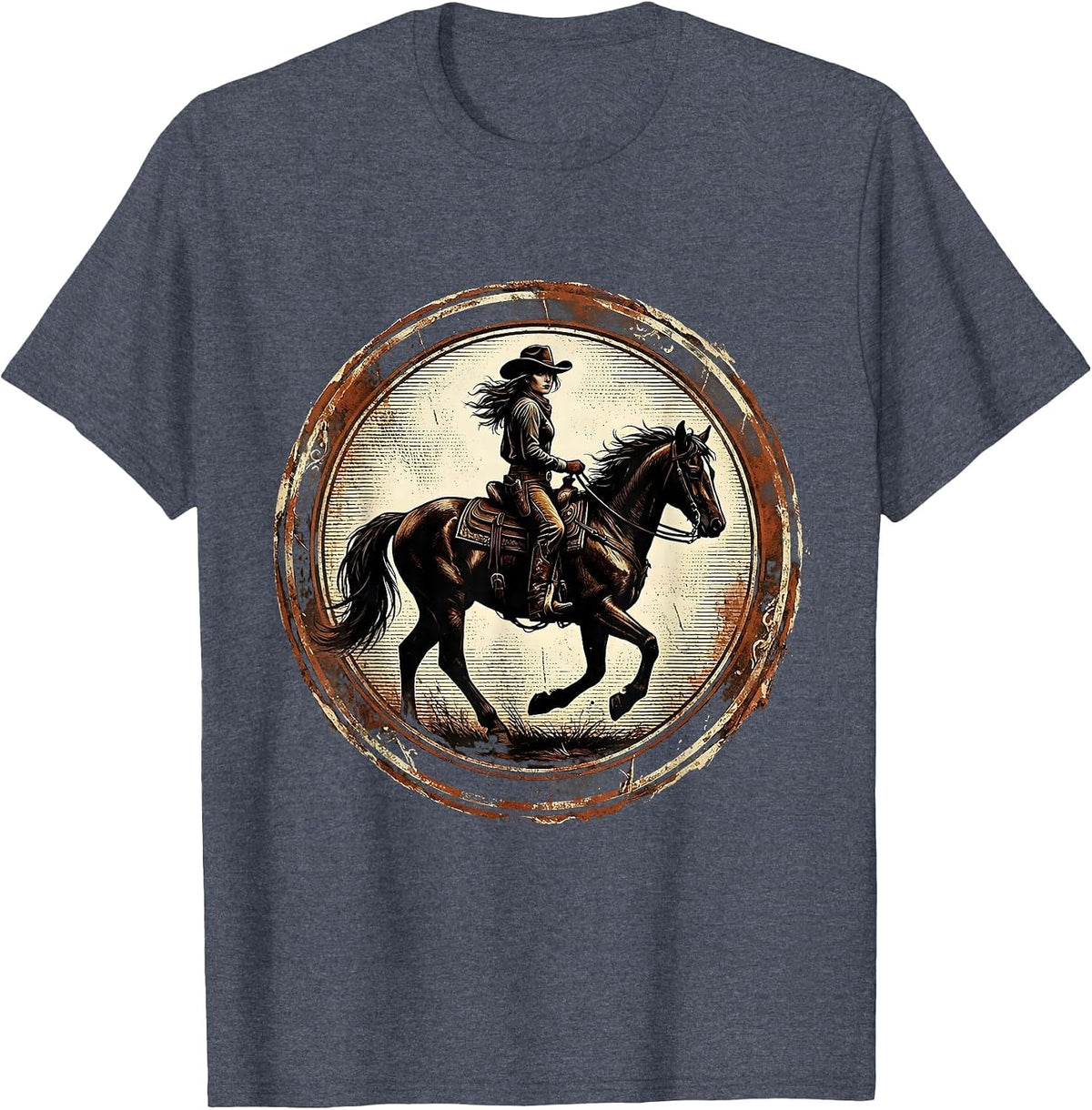 Cowgirl Glance Back Horseback Riding Graphic T-Shirt - Heather Blue