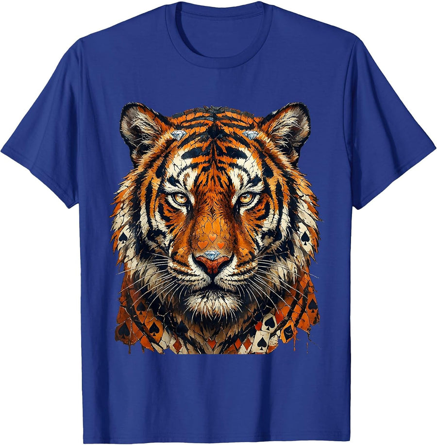 Tiger Face Card Suits Gambling Graphic Tee T-Shirt - Royal Blue