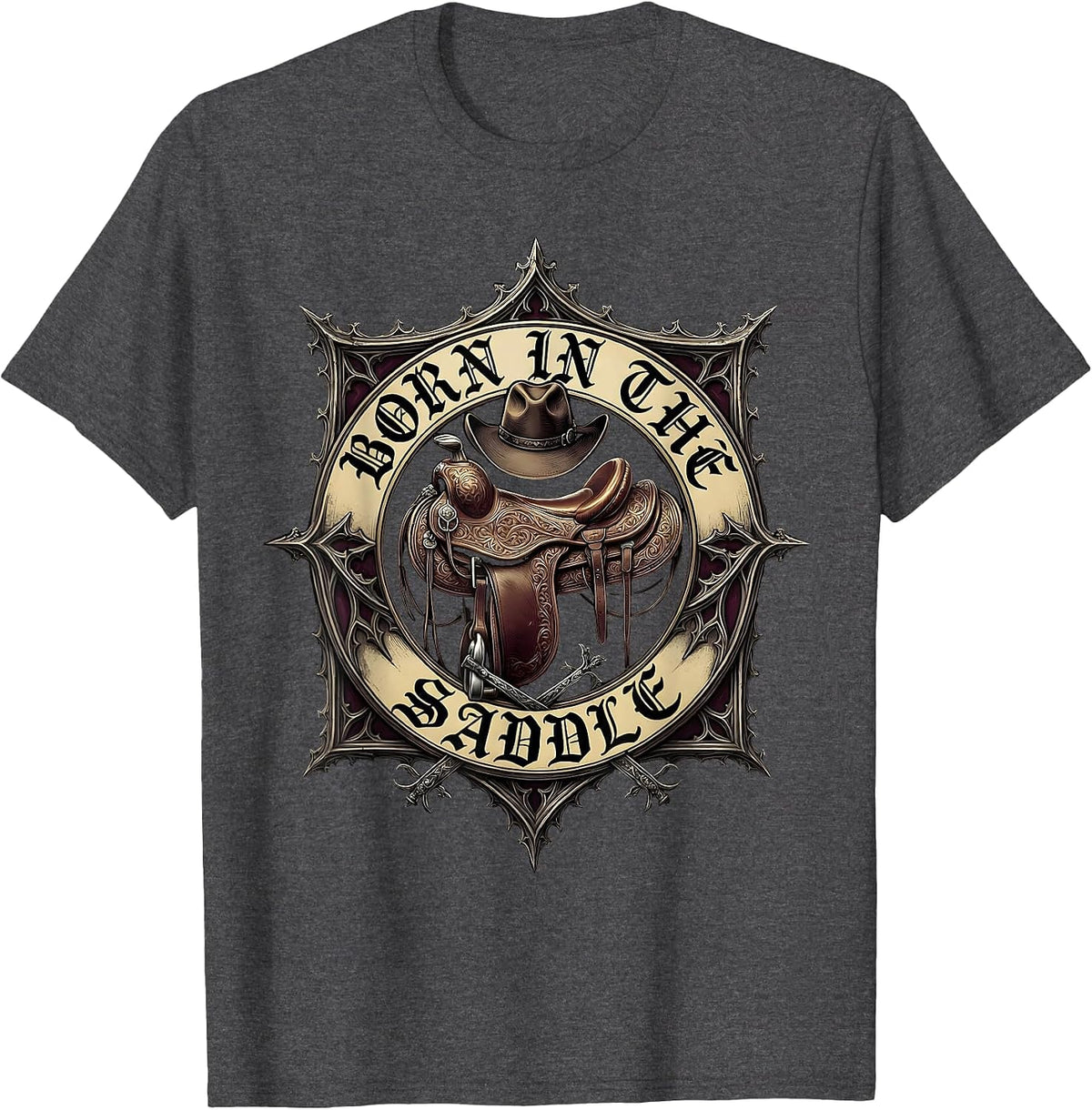 Born in the Saddle Cowgirl Graphic Design T-Shirt - Dark Heather Grey