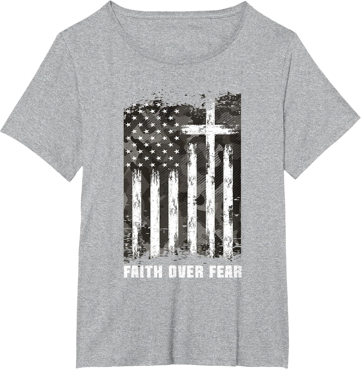 Faith Over Fear Christian Cross Camouflage American Flag T-Shirt - Heather Grey