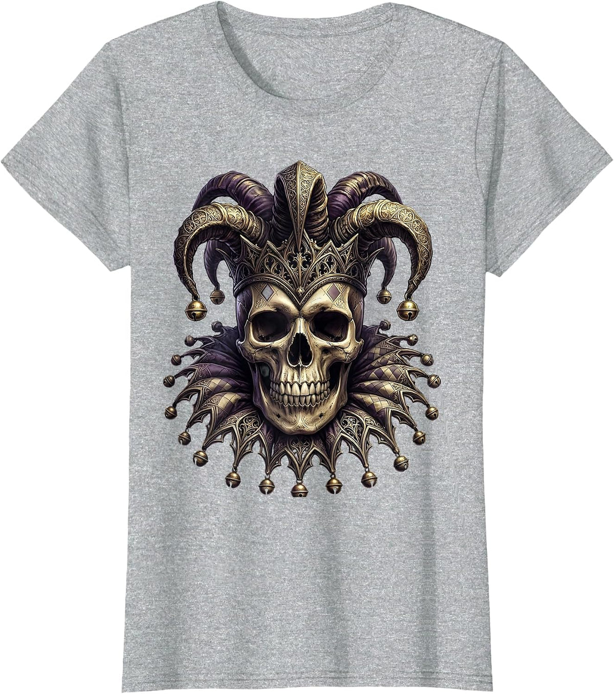 Mardi Gras Jester Skull with Bells Illustration T-Shirt - Heather Grey
