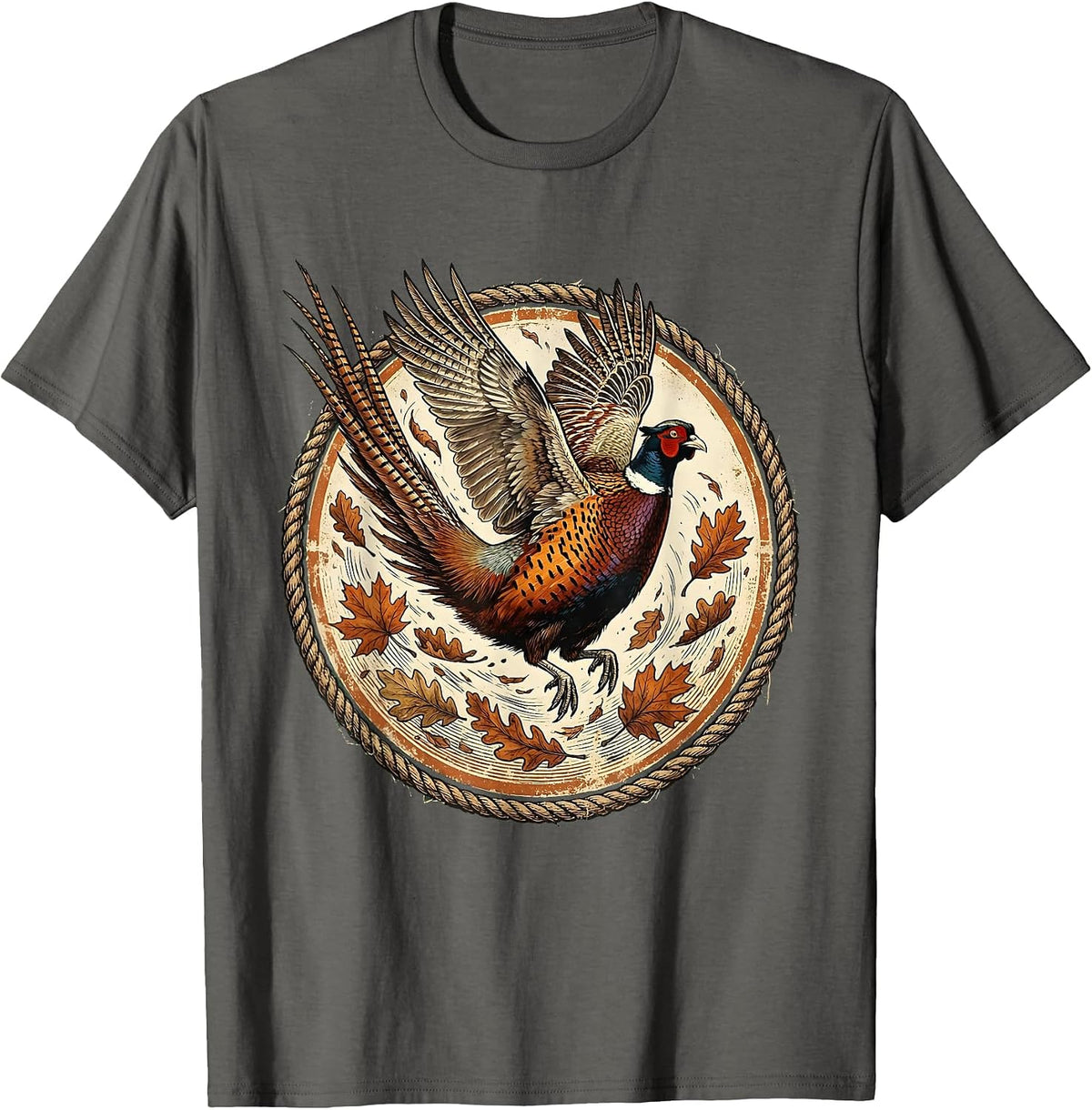Pheasant Flush Autumn Leaves Wildlife Illustration T-Shirt - Asphalt Grey