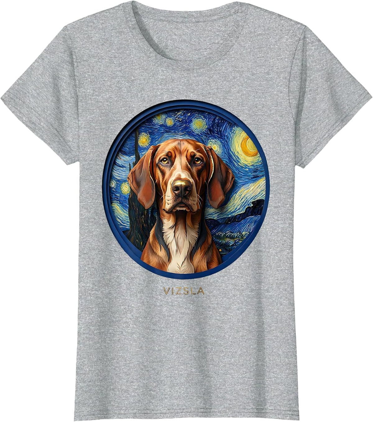 Women's Vizsla Paper Cutout Van Gogh Starry Night Dog Portrait T-Shirt - Heather Grey