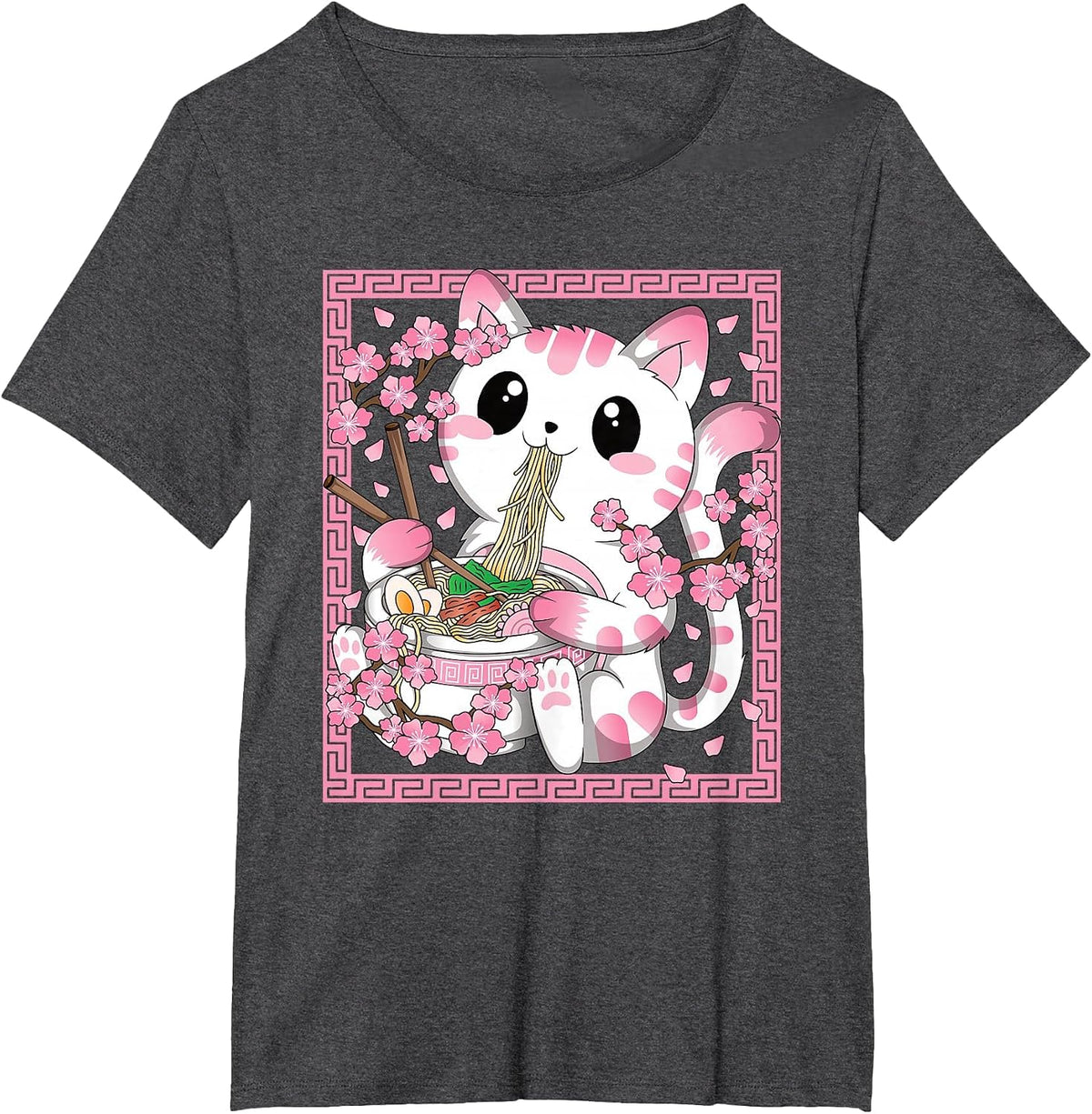 Kawaii Cat Ramen Anime Japanese Cherry Blossom Women Girls T-Shirt - Dark Heather Grey