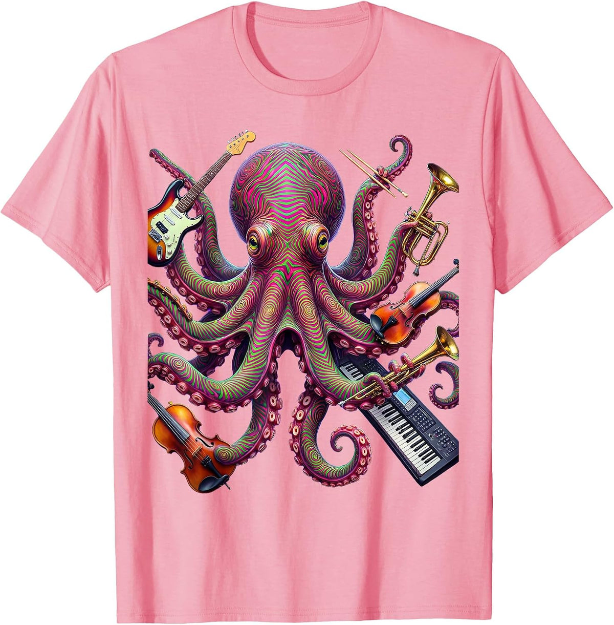 Men's Octopus Multitasking Musician Funny Band Illustration T-Shirt - Pink