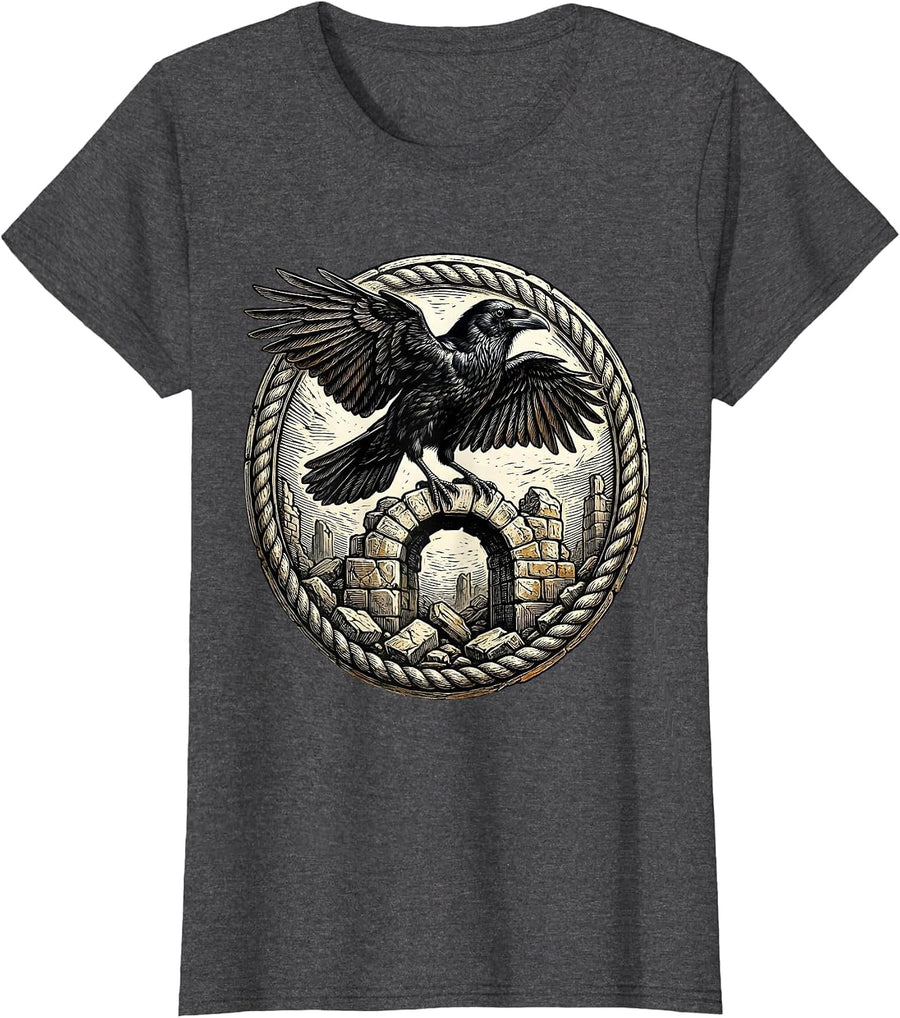 Women's Crow on Crumbling Stone Arch Illustration T-Shirt - Dark Heather Grey