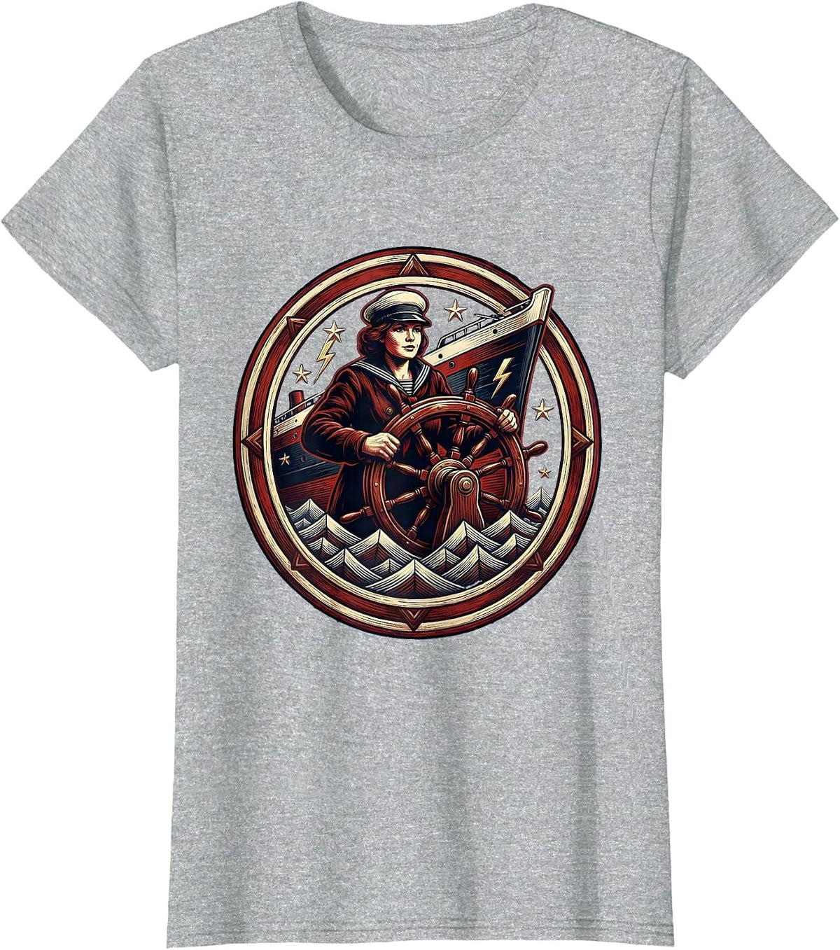 Labor Day Sailor Steering Ship Through Storm T-Shirt - Heather Grey