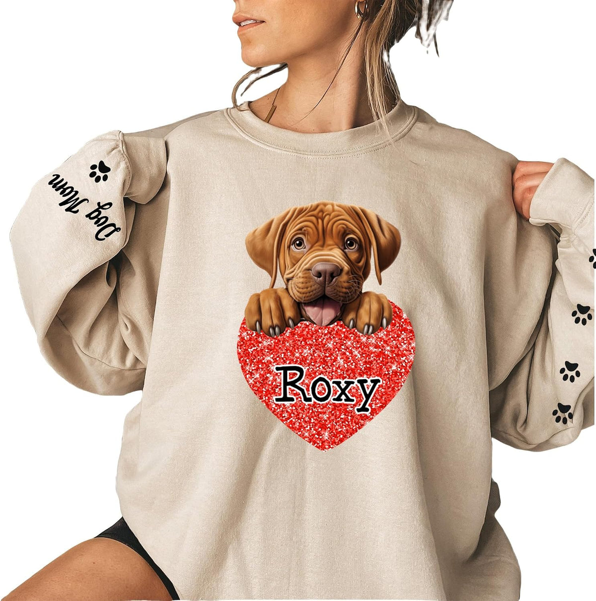 LOVELYPOD Personalized Dog Lover Gifts, Glitter Sweatshirt For Women, Dog Mama Shirts For Women - Dogue De Bordeaux