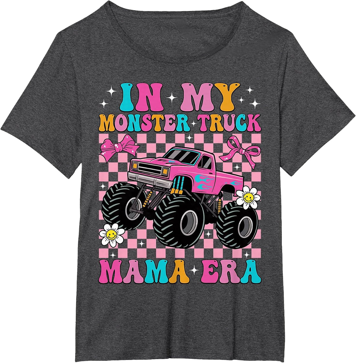 Groovy in My Monster Truck Mama Era Monster Truck Mom T-Shirt - Dark Heather Grey