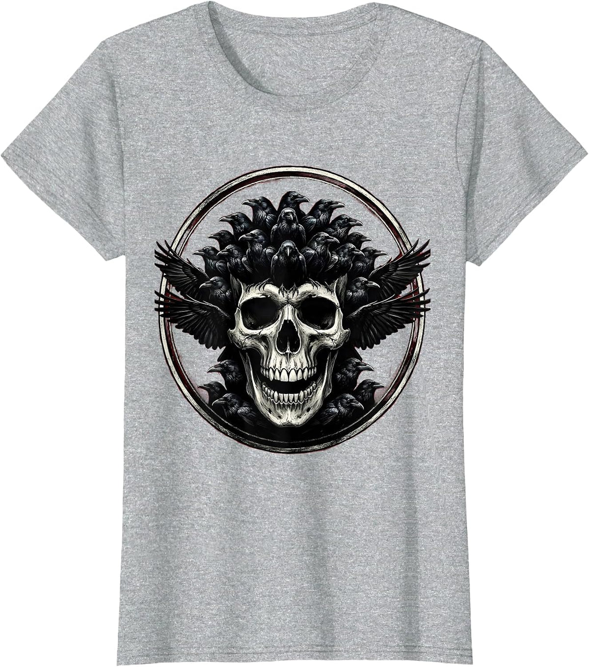 Women's Flock of Crows Skull Illusion Dark Art Design T-Shirt - Heather Grey