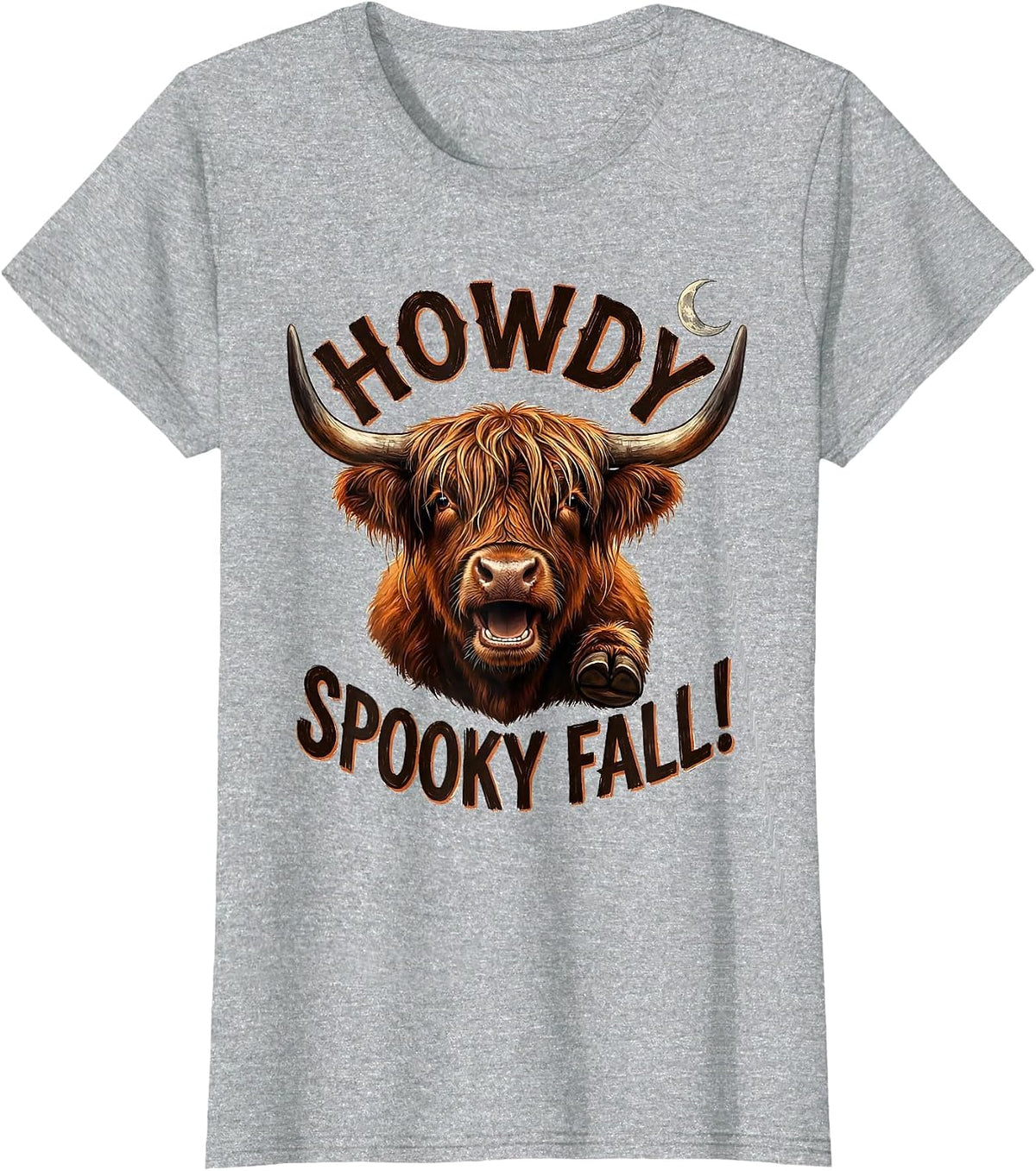 Women's Howdy, Spooky Fall! Funny Highland Cow Fall Halloween Humor T-Shirt - Heather Grey