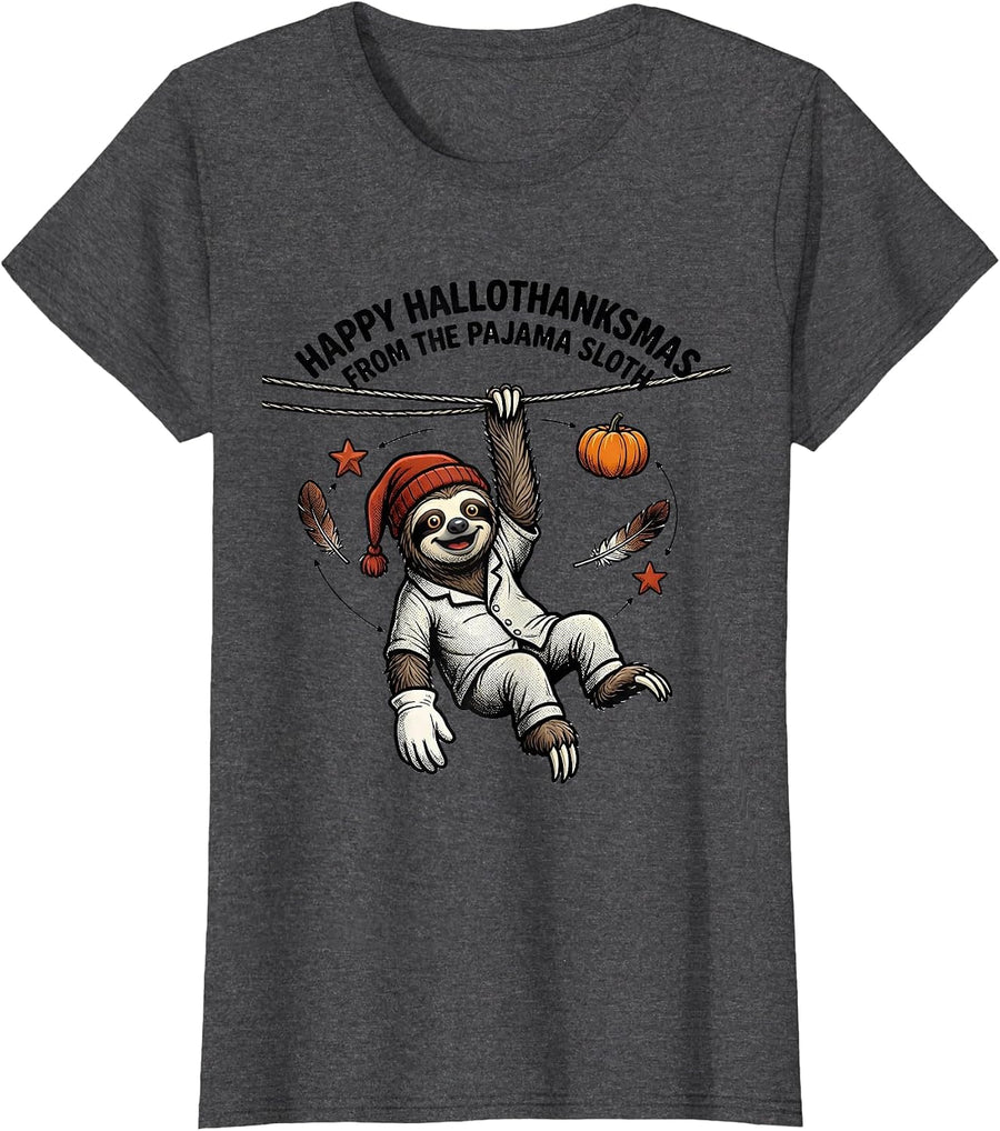 Women's Happy Hallothanksmas From The Pajama Sloth Funny T-Shirt - Dark Heather Grey